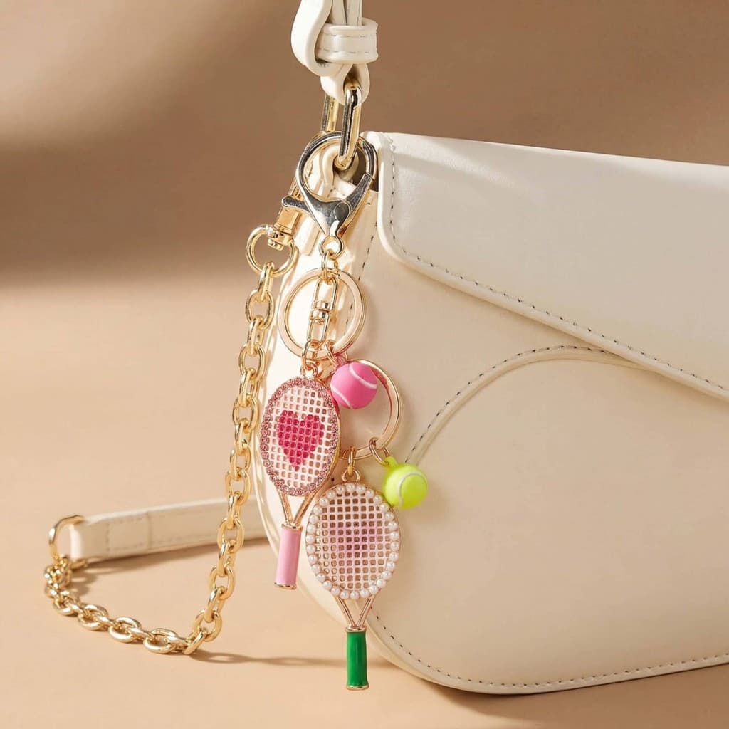Pingente de bolsa com design de pérola e diamante, acessório de bolsa em estilo esportivo feminino, nova raquete de têni
