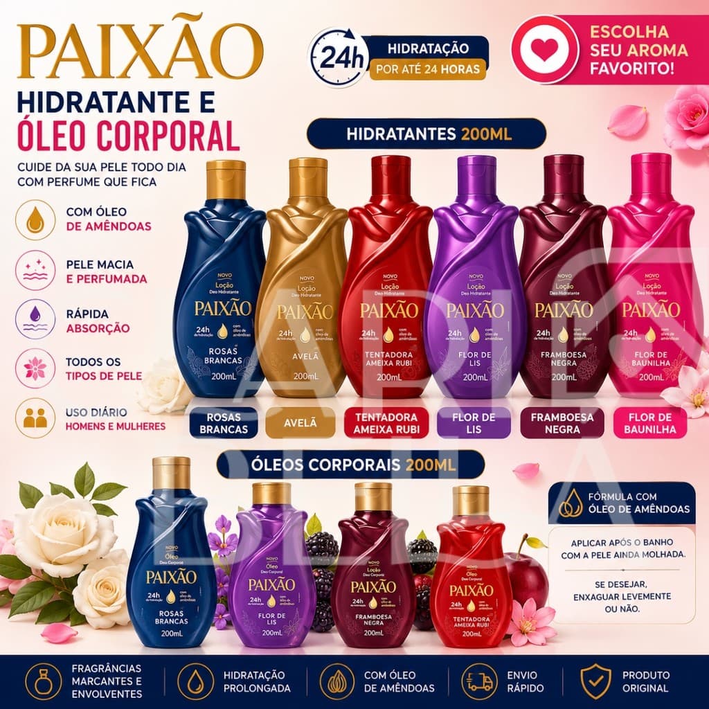 Hidratante Paixão 200ml Óleo Corporal 100ml Óleo De Amêndoas Hidratação 24h