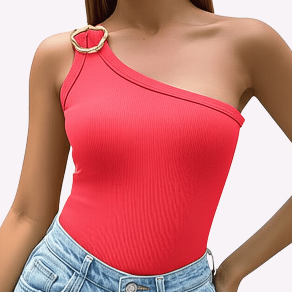 Blusa Feminina Ombro Único Canelada com Detalhe Dourado Confortável que valorizam o visual.
