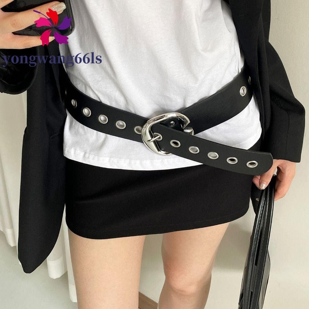 YONGWANG Cinto Largo Feminino , Cintura De Couro Vintage Com Furo De Fileira Dupla , Jeans Fivela De Metal Estilo Punk