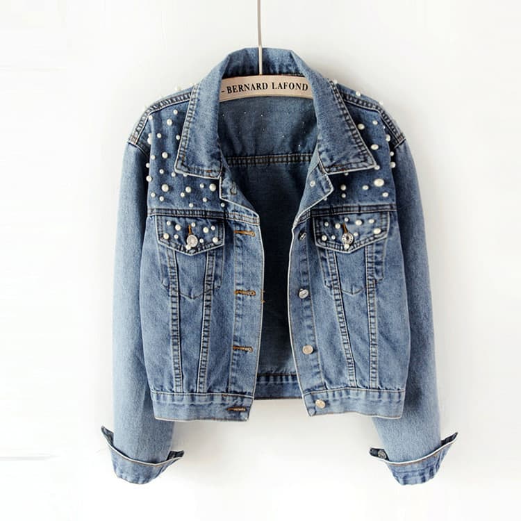 Jaqueta jeans feminina estação europeia gordura MM Plus Size feminino frisado diamante casaco feminino estudante luz azu