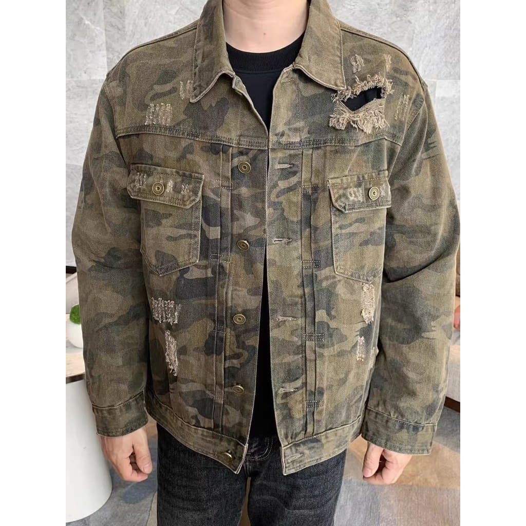 Jaqueta jeans masculina retrô camuflada para trabalho, primavera, novo estilo, roupa de rua, lapela rasgada, jaqueta jea