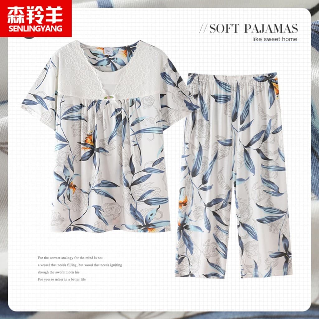 Pijama de algodão Modal feminino verão manga curta calças cortadas estilo fino seda gelo Plus Size meia-idade El