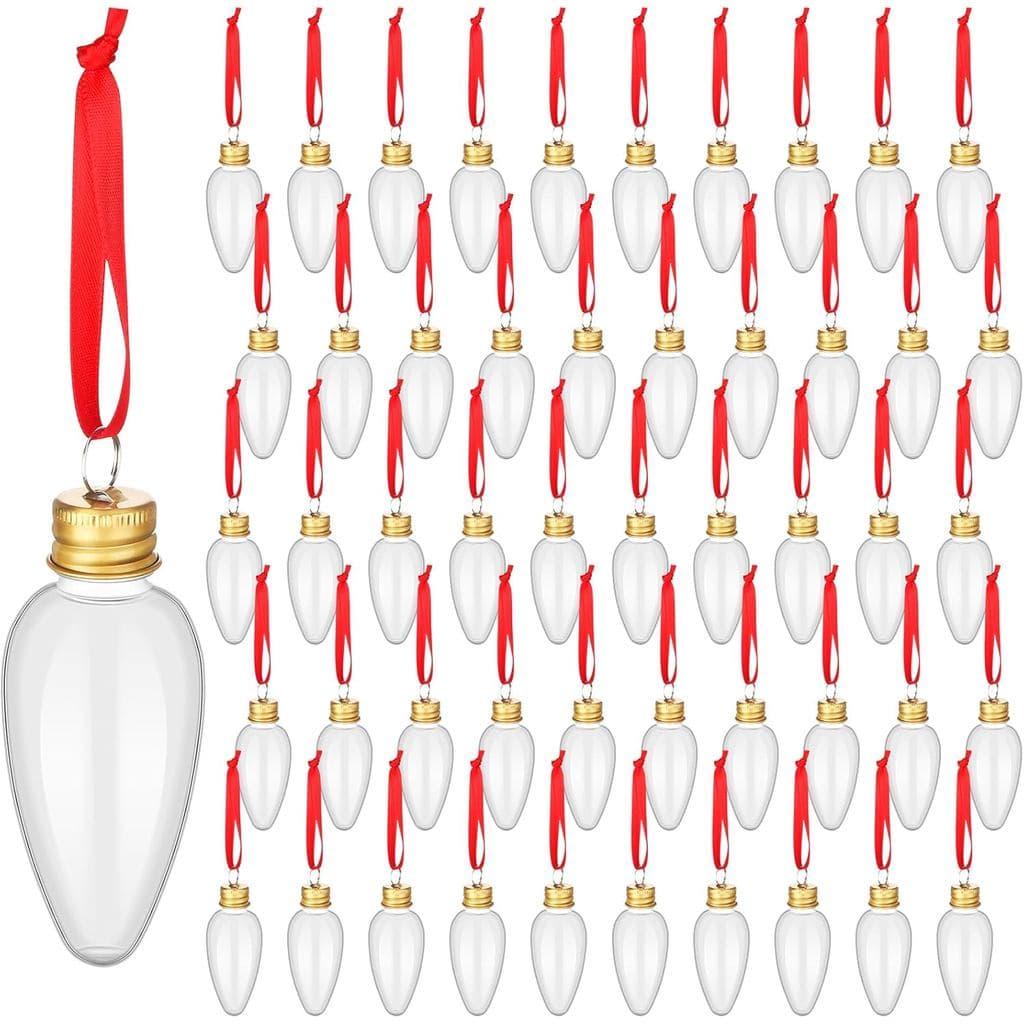 50 peças de enfeites de Natal em formato de lâmpada preenchível, feitos de plástico transparente, com tampa dourada de r