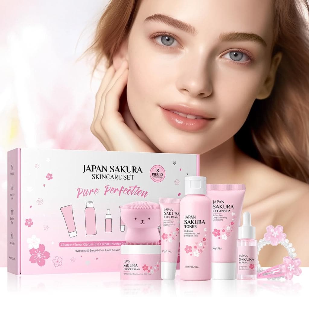 8 Pcs SakuraSkincare Set Complete Facial Care with Vitamin C, Includes Cleanser, TonerSerum, Eye Cream, Essence Cream, S