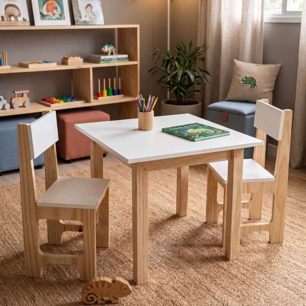 Mesa Infantil Com Cadeira Madeira Mesinha Educativa Didática Bryan Camaleão