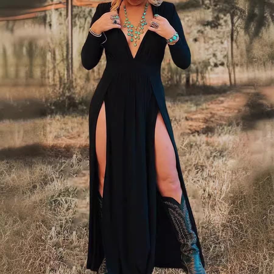 2026 Vestido feminino independente de manga comprida com decote em V cor sólida oco saia longa