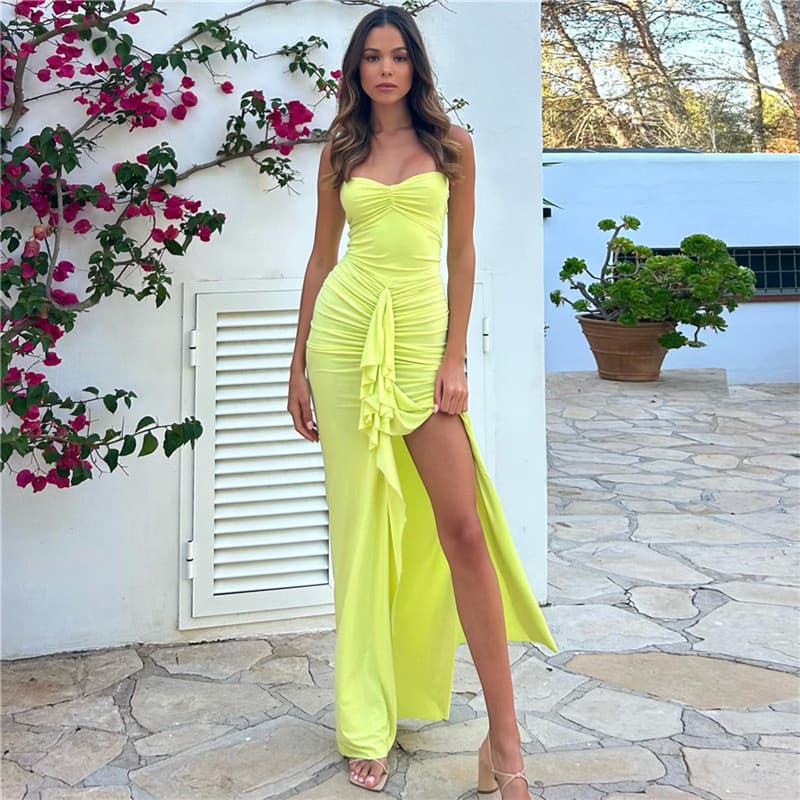 Estilo Cross-Border feminino outono inverno novo estilo moda Halter pescoço plano plissado fenda magro-ajuste vestido fe