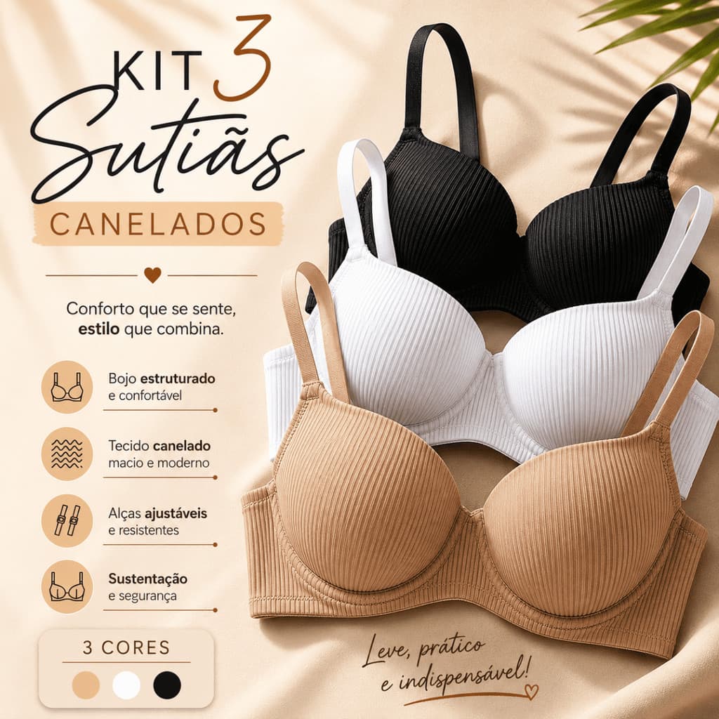 Kit 3 Sutiãs Canelados Com Bojo Confortável Sustentação Feminino Alças Reguláveis Solteirinho