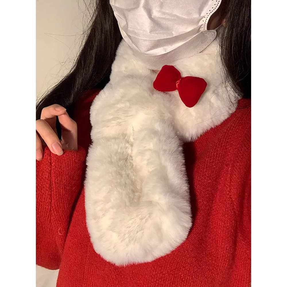 Cachecol feminino estilo 2026 novo estilo inverno arco vermelho pelúcia cruz estilo curto imitação de pele de coelho bon