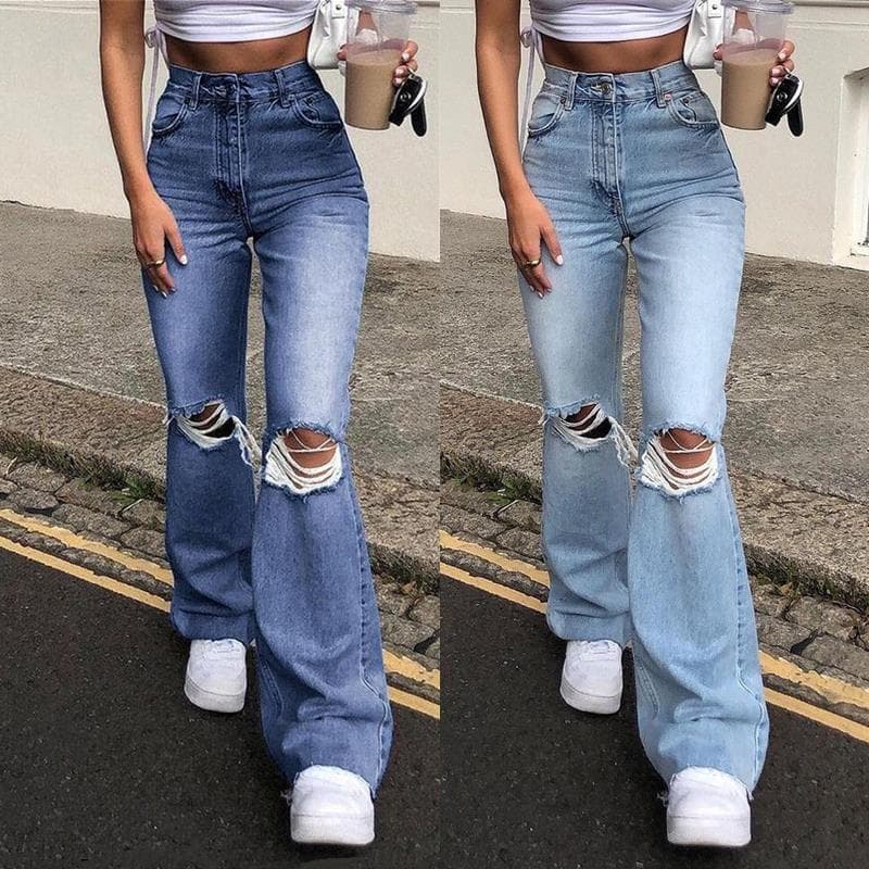 Moda Feminina Jeans Rasgados No Joelho 2024 Calças Largas Casuais