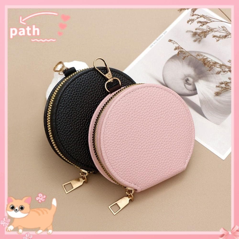 Bolsa De Moedas PATH , Carteira Redonda Com Zíper De Cor Sólida , Corrente Porta-Cartões De Couro PU , Mulheres E Menina