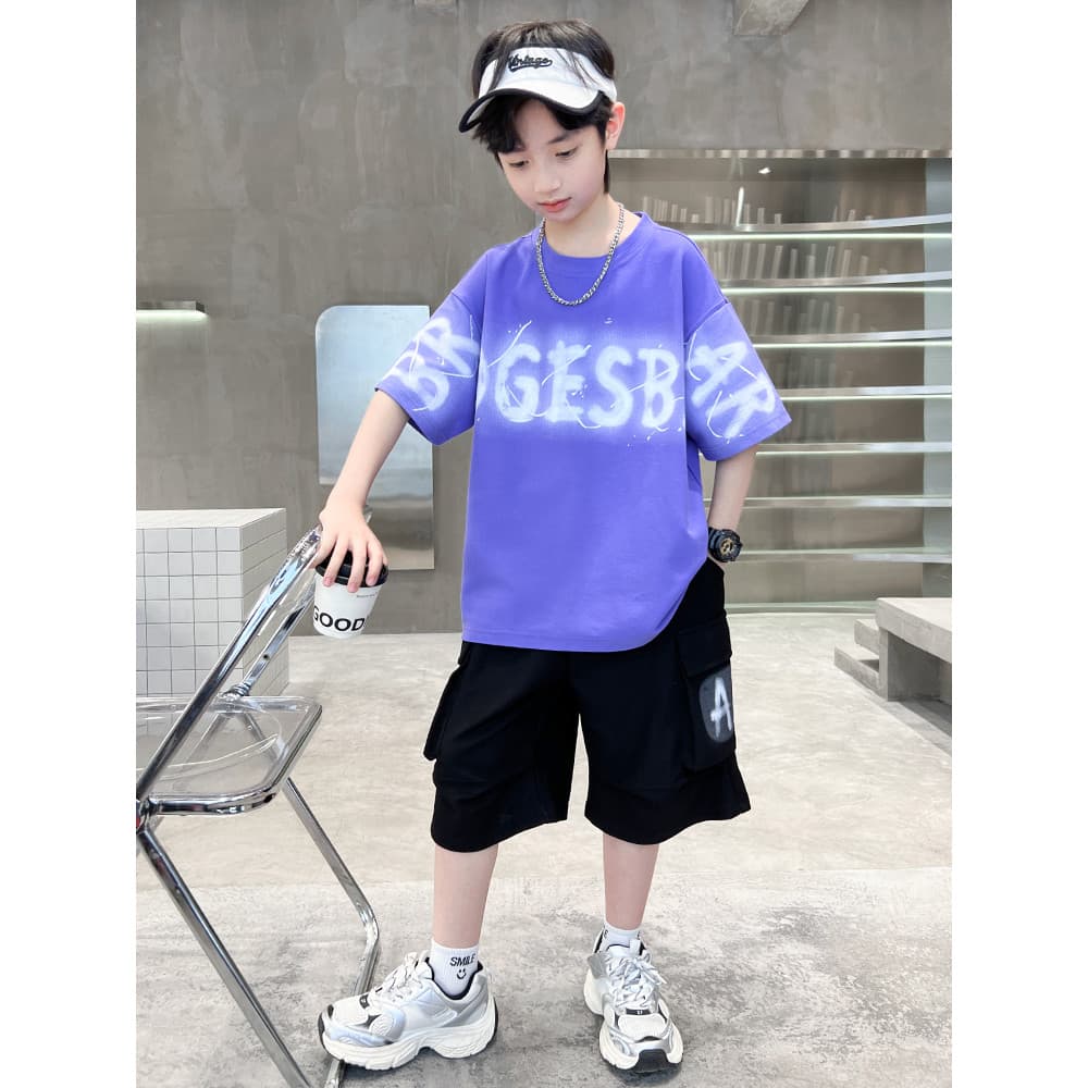 Roupas infantis meninos verão terno de manga curta 2026 novo estilo verão médio grande crianças rufião bonito meninos mo