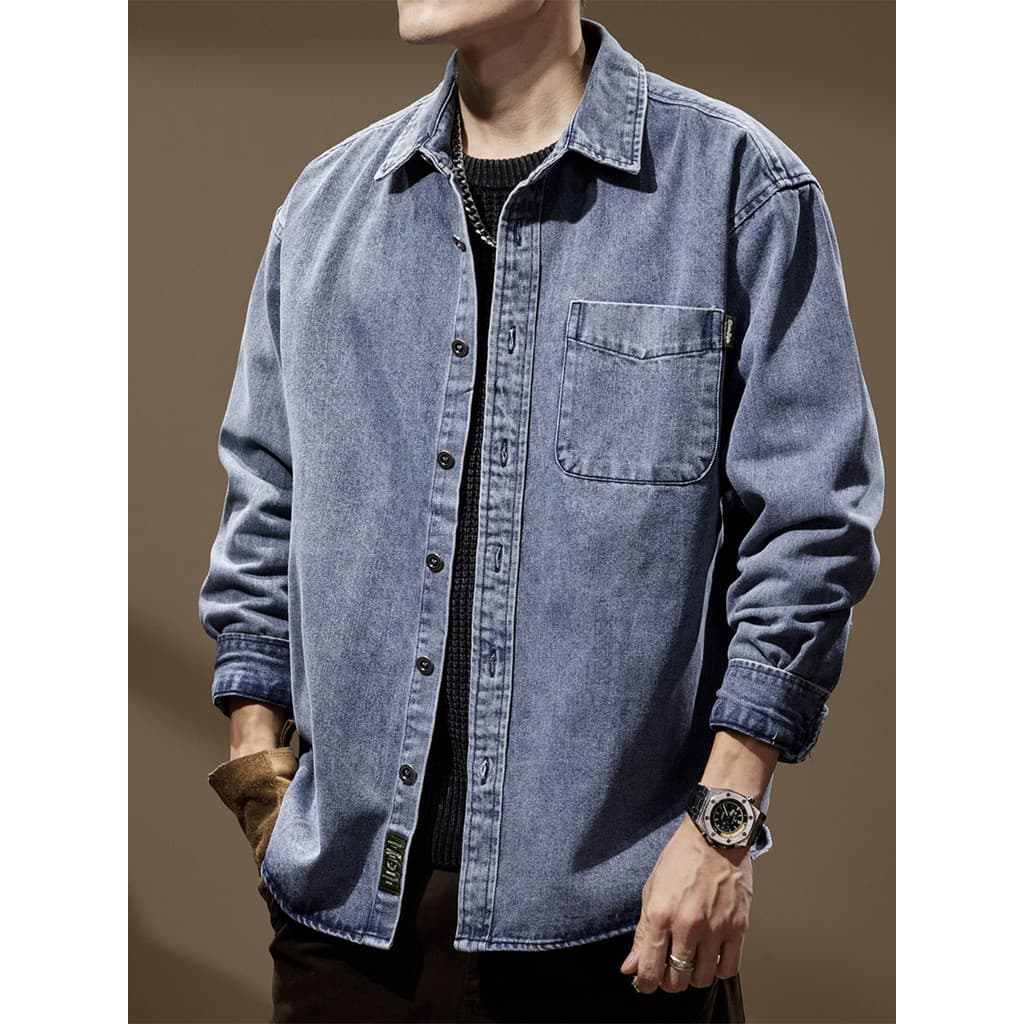 High-End simples azul Denim jaqueta masculina 2025 outono novo estilo solto tamanho grande macacão camisa jaqueta mascul