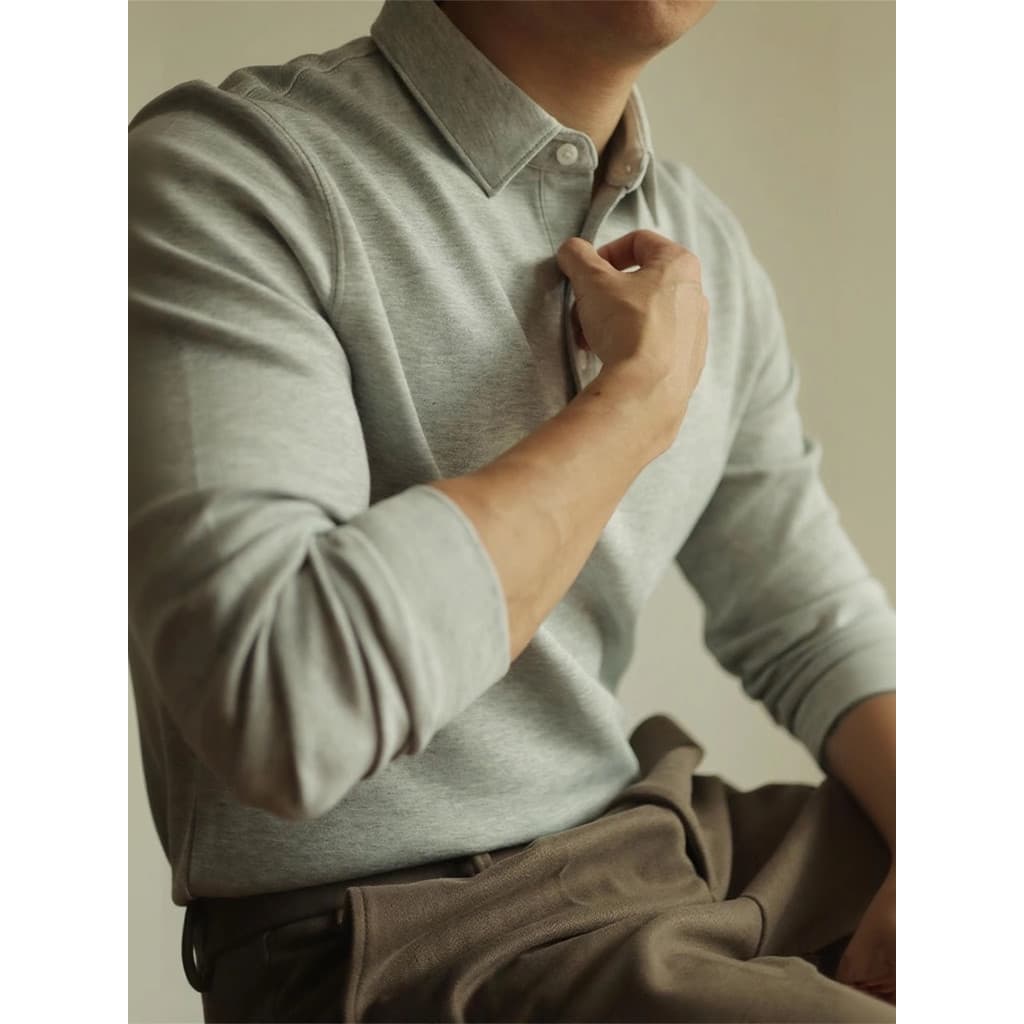 Primavera outono novo estilo High-End camada de ar algodão camisa POLO de manga comprida camiseta pesada lapela masculin