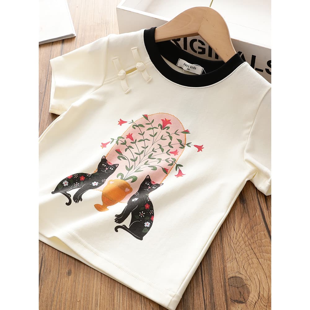 Meninas puro algodão camiseta 2026 verão novo estilo estilo nacional dos desenhos animados impresso moda crianças em tor
