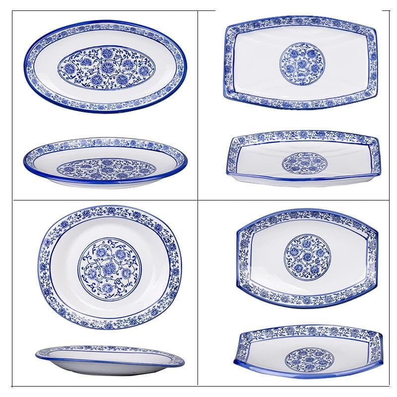 Cerâmica azul branco porcelana grossa face retangular prato de peixe em forma de cintura prato de vesícula biliar vegeta