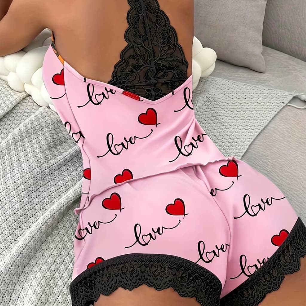 Pijama sem mangas com decote halter, roupa íntima, shorts, roupa de casa, conjunto de duas peças de renda para mulheres