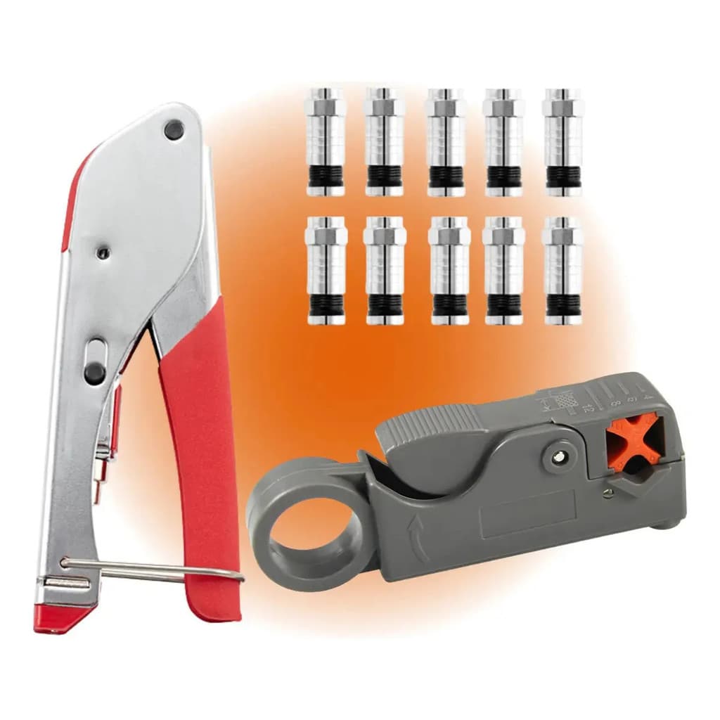 Kit Alicate Crimpar Cabo Coaxial + Decapador + 10 Plugs Cone
