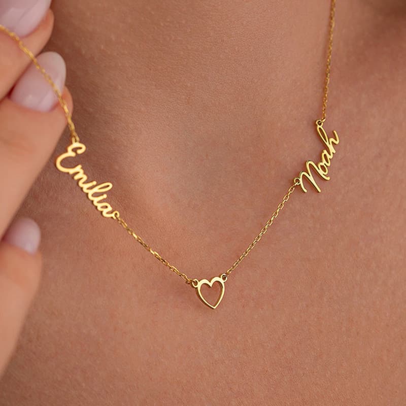 Colar Personalizado em Aço Inoxidável com Nome Duplo em Forma de Coração, Colar com Letras Douradas UWTE