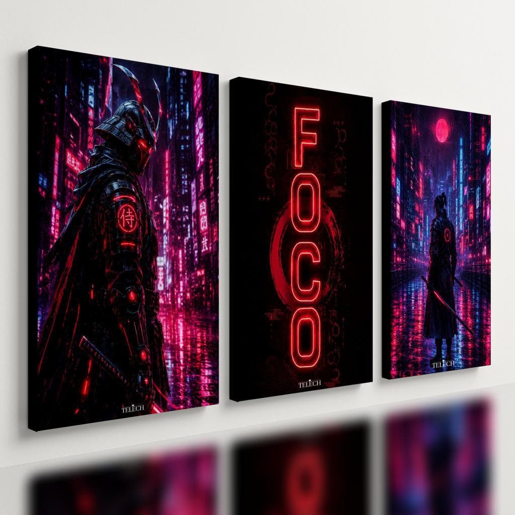 Kit 3 Quadro Decorativo Samurai Gamer Foco Motivação Futuro