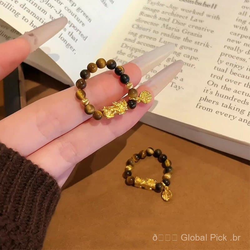 Anel Amuleto Pixiu da Sorte, Design com Pérolas de Pedra Olho de Tigre, Anel Luxuoso e Elegante para o Dedo Indicador
