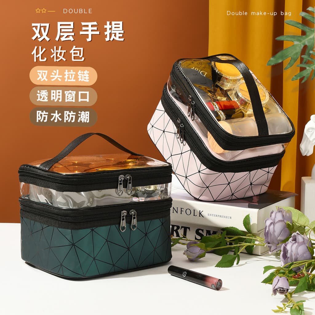 Diamante portátil dupla camada saco cosmético de alto valor saco de higiene do plutônio portátil feminino multifuncional