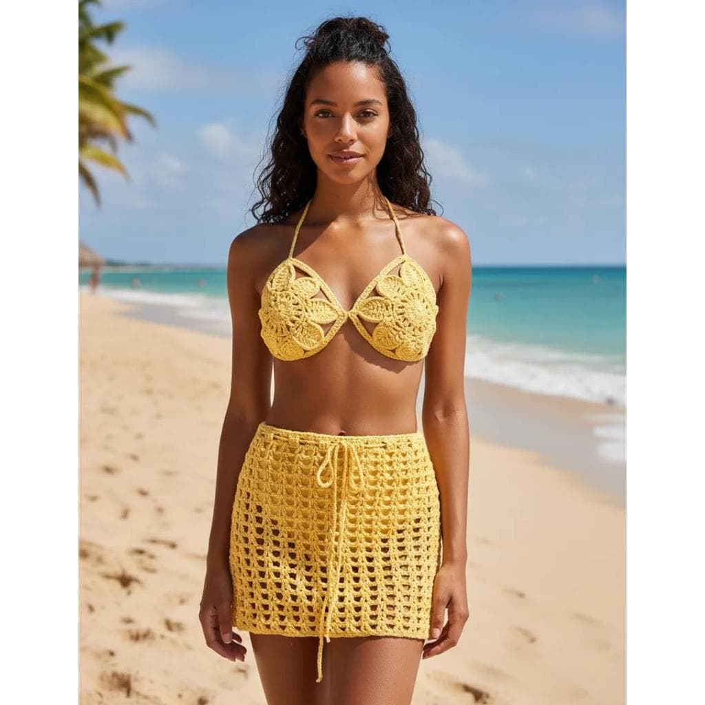 Conjunto De Crochê Artesanal Feminino Top Flor Grande e Saia Fechada Moda Praia