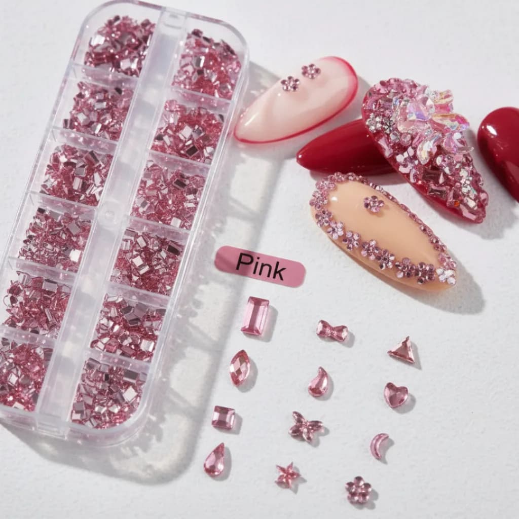 Kit Pedrarias Strass Rosa/pink Para Unhas Nail Art 12 Formas