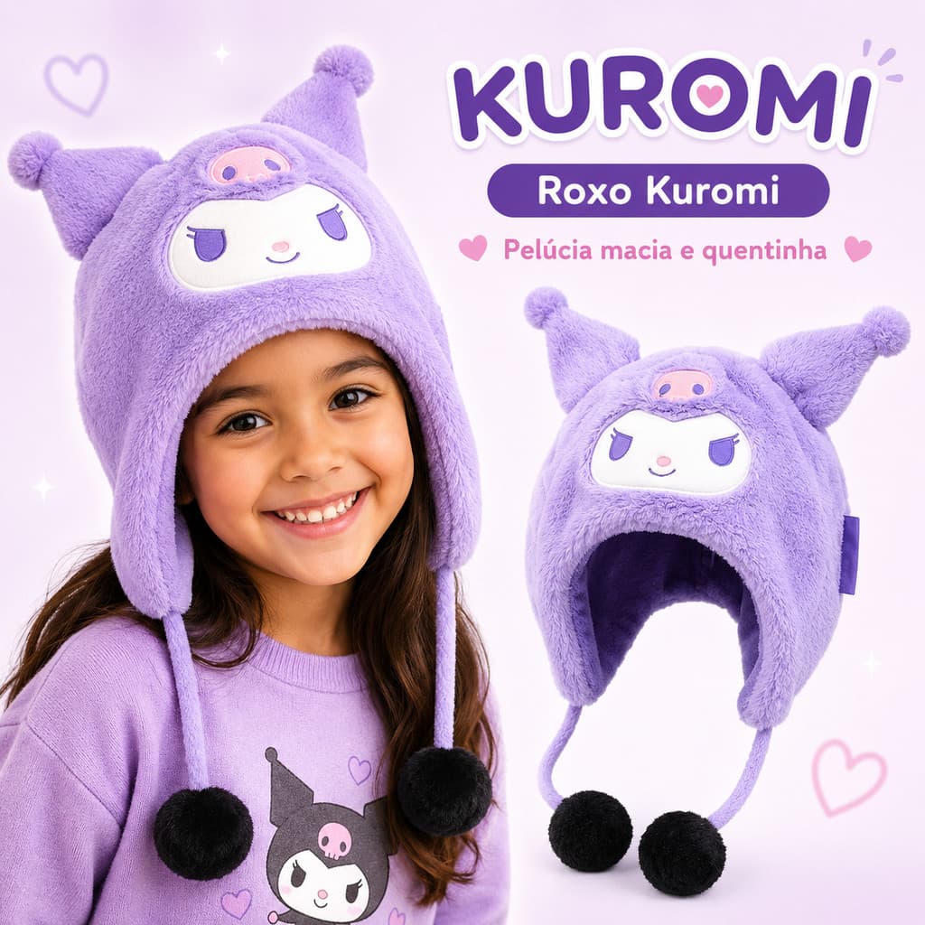 Touca Infantil Kuromi Roxa – Gorro Peluciado Quentinho com Protetor de Orelhas