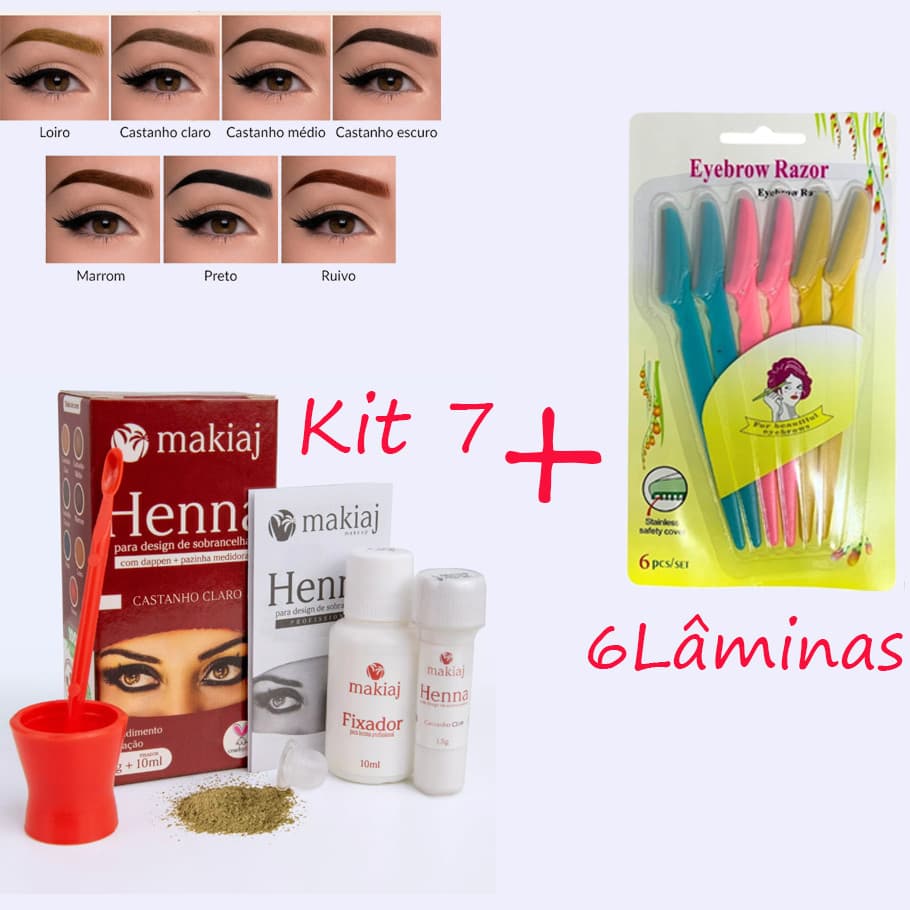 Kit 7 Henna Makiaj para Sobrancelhas + 6 Navalhas Removedoras | Preenchimento Natural e Design Profissional