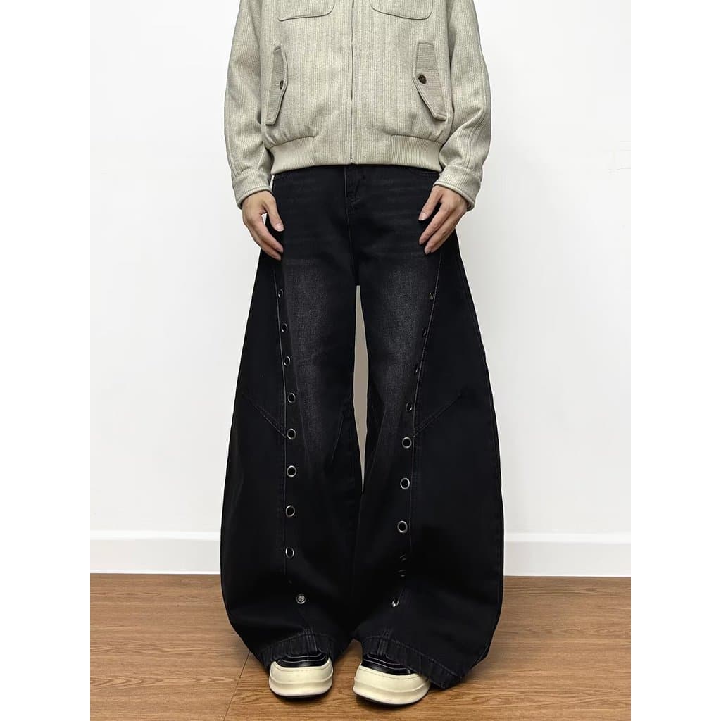 Americano Retro botão Machete calças Jeans feminino solto Drape Casual calças de perna larga Design sentimento calças de
