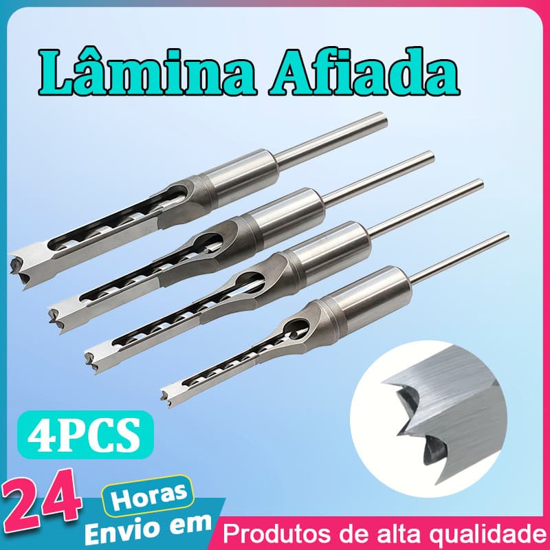 Brocas P/ Furo Quadrado Jogo 4 Peças 1/4 - 5/16 - 3/8 - 1/2 Furadeira de Bancada e Madeira