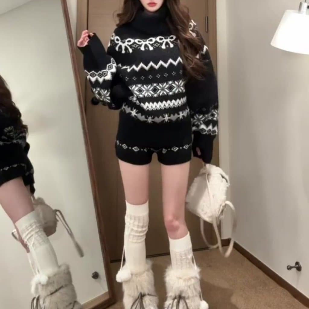 Phil Island Terno Feminino Outono Inverno Pequeno Preto Engrossado Gola Alta Suéter de Malha Shorts Casuais Terno de Dua