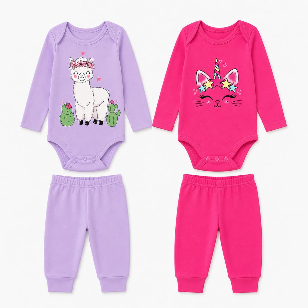 Kit 4 Peças Roupinhas Bebê   2 Body Manga Longa + 2  Calça Mijão Algodão