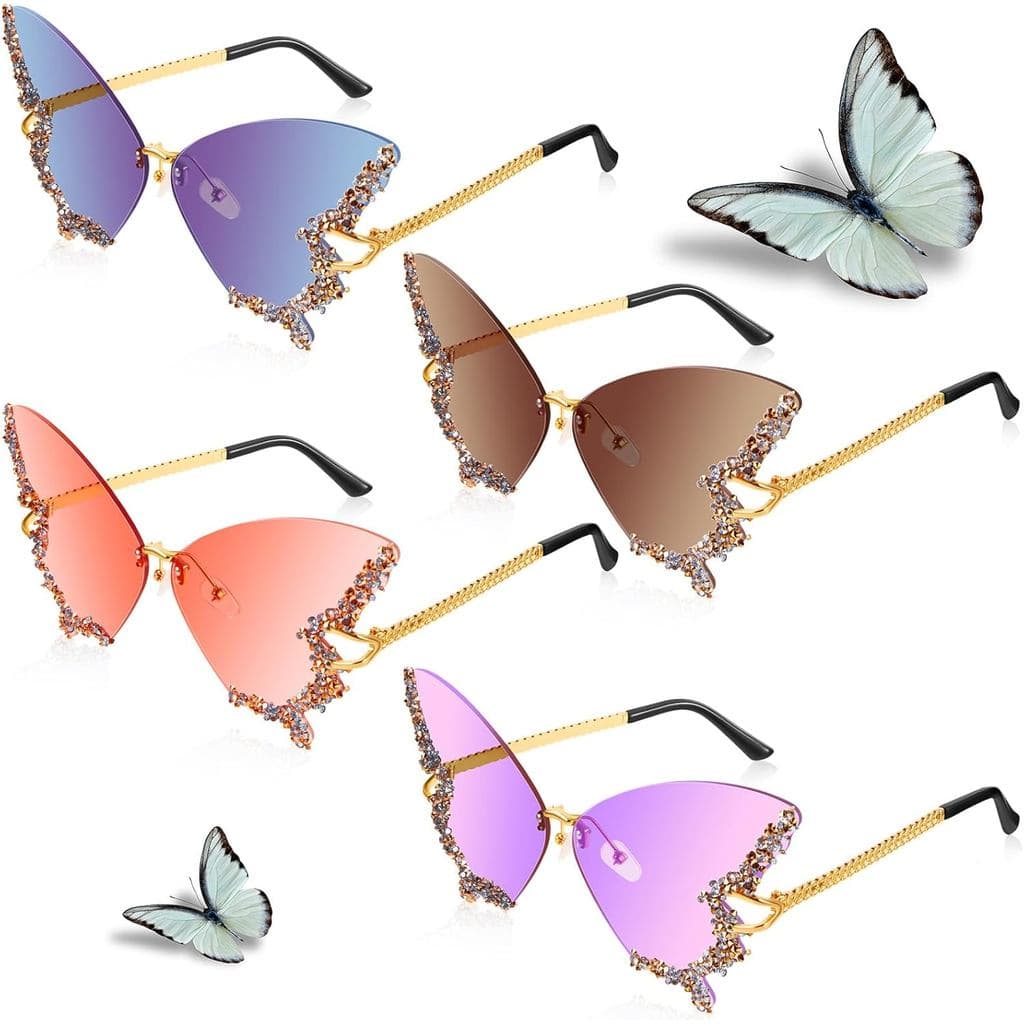 Xuhal 4 Pares de Óculos de Sol Borboleta Sem Armação com Strass Brilhantes, Óculos de Sol em Forma de Borboleta com Grad