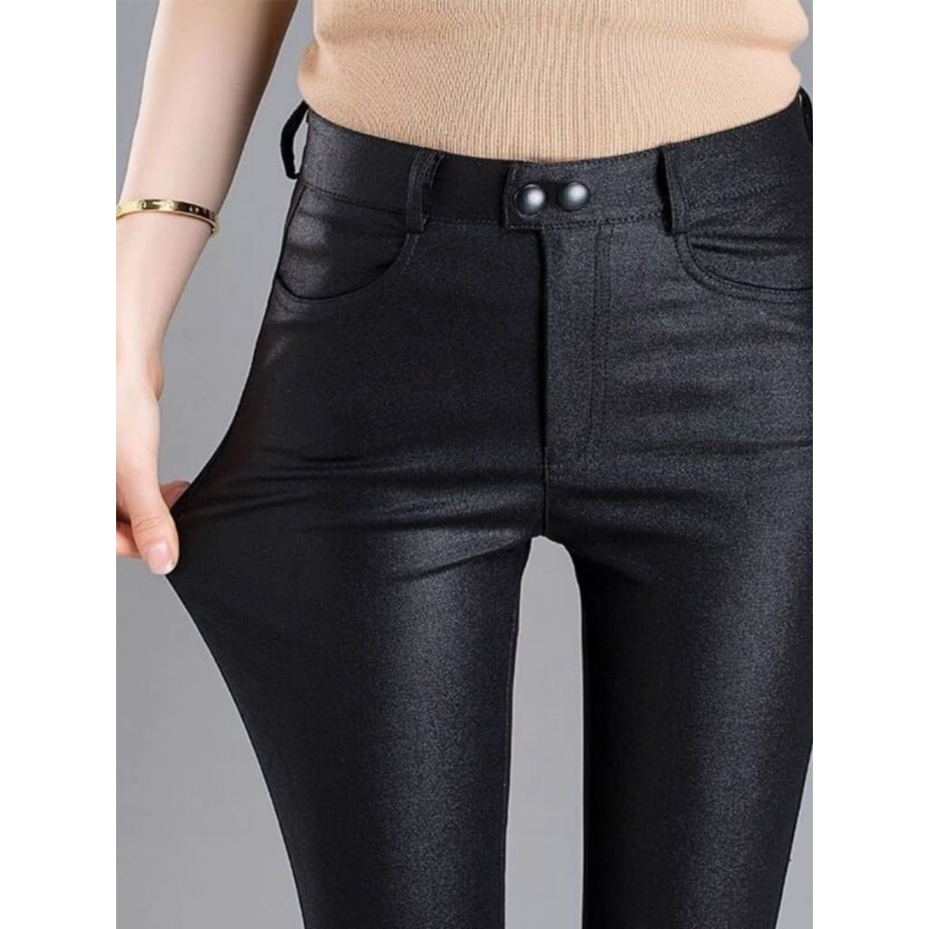 Outono inverno fosco calças de couro feminino exterior Wear Leggings elástico cintura revestimento plutônio calças de co