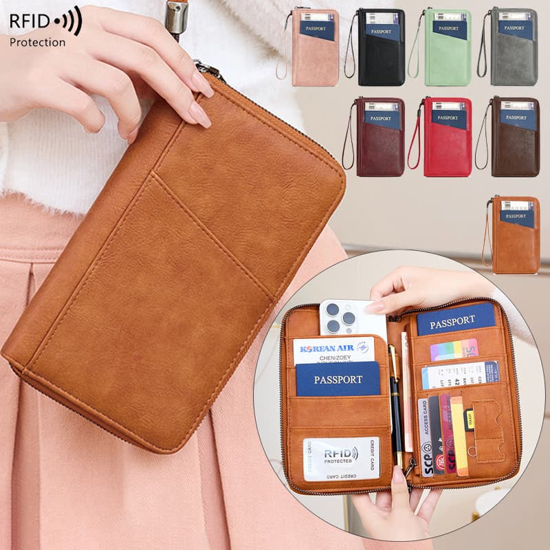 Nova carteira RFID anti-magnética com zíper, bolsa para passaporte, bolsa para documentos, bolsa para guardar bilhetes,