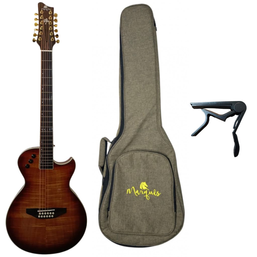 Kit Violão de Aço 12 Cordas Elétrico Flat Marquês Capotraste