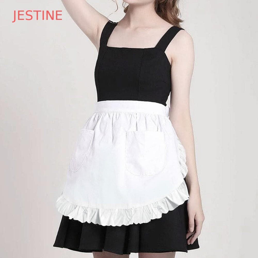 Conjunto De Chapéu De Avental De Empregada JESTINE , Meio Curto Para Cosplay , Com Bolso , Renda Branca , Lolita