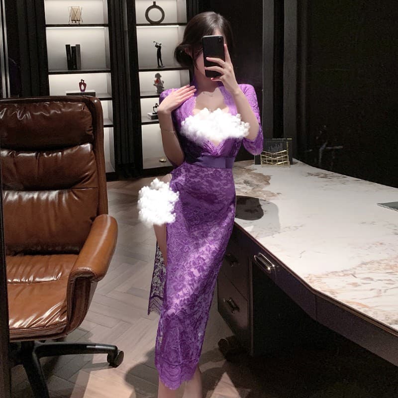 Tamanho grande 100kg profundo V alta fenda transparente renda saia longa vestido feminino 2026 novo estilo primavera out