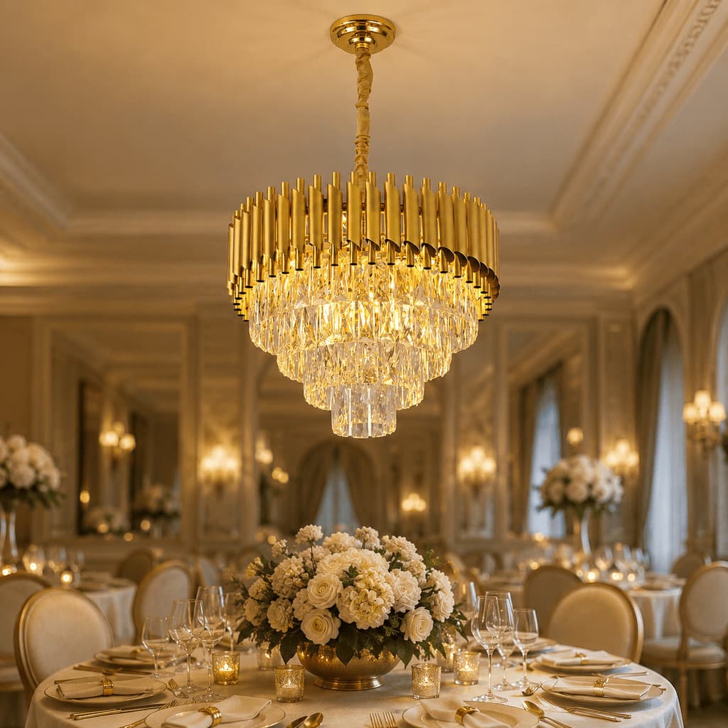 Lustre de Cristal Dourado Pendente Moderno Sala Jantar Luxuoso Bivolt 50 cm