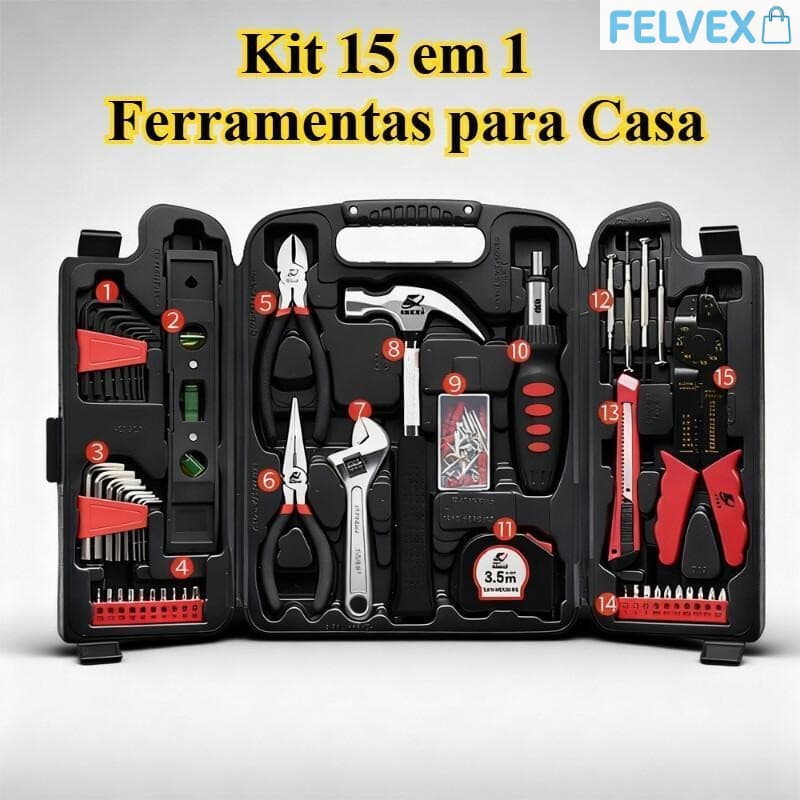 [FEL] Kit 15 em 1 Ferramentas para Casa | Completo com Maleta Resistente para Reparos e DIY