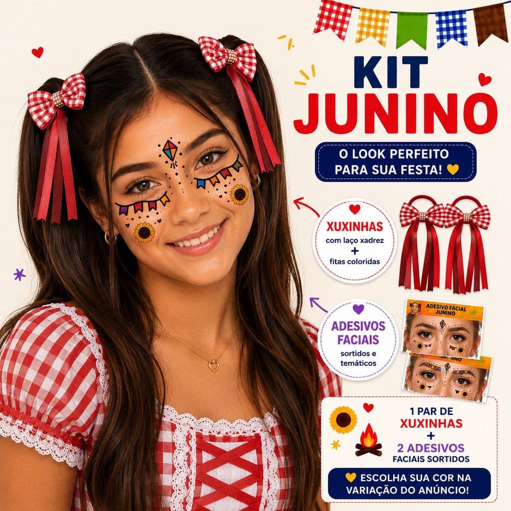 Kit Festa Junina Feminino com Xuxinhas Xadrez e 2 Cartelas de Adesivos Faciais Juninos