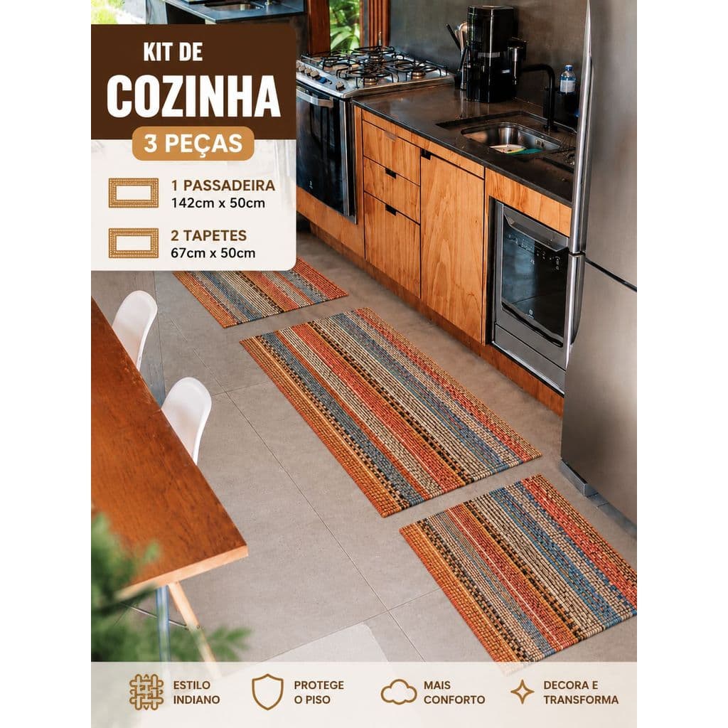 Kit Tapete Cozinha Artesanal 3 Peças Estilo Indiano Passadeira 142x50 + 2 Tapetes 67x50