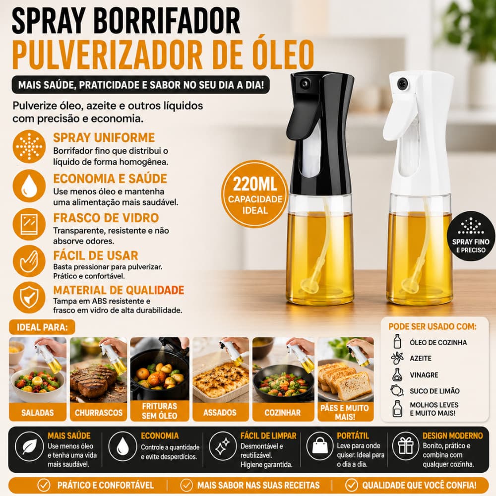 Spray Pulverizador De Óleo E Azeite 220ml Borrifador Vidro Para Air Fryer Saladas Churrasco