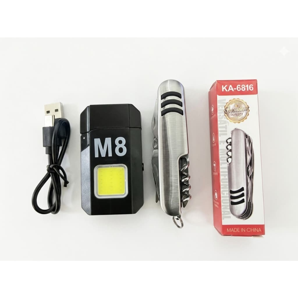 Kit Canivete Multifuncional 11 em 1 + Isqueiro Eletrônico Recarregável Filamento M8 Com Led Potente