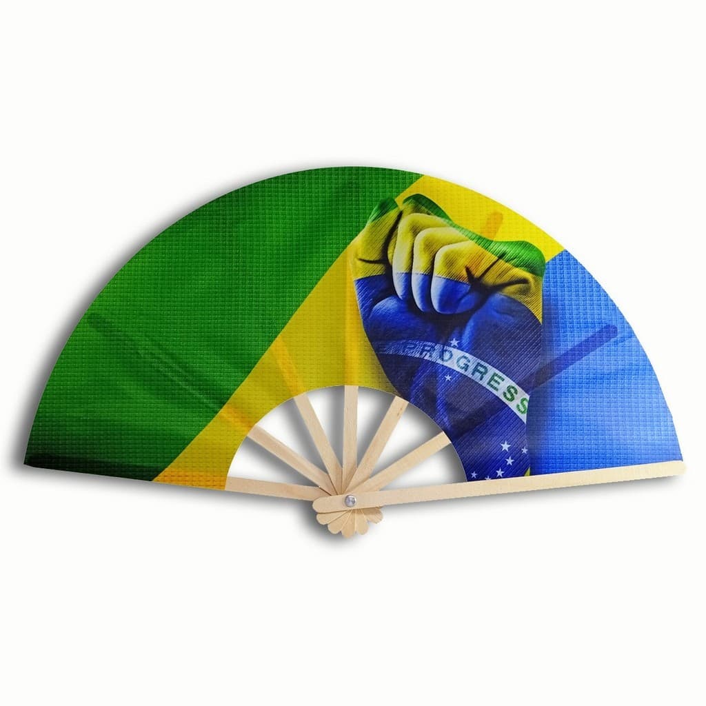 Leque Brasil de Madeira com Tecido Bandeira Nacional Torcida Copa Festa Verão 1 Unidade