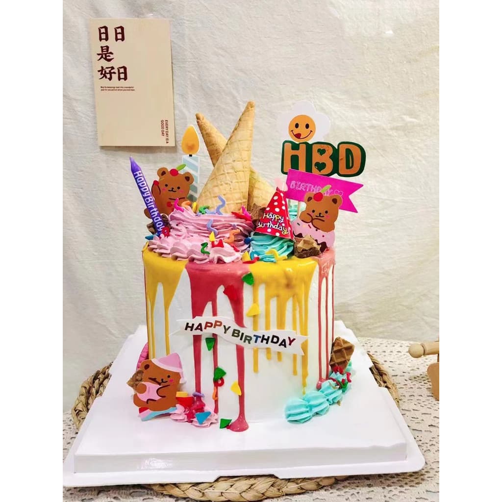 Influenciador doce colorido urso bolo de aniversário decoração cartão chapéu Smiley chuva seda cozimento sobremesa mesa