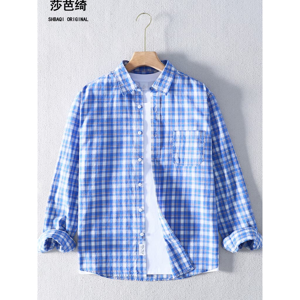 Primavera verão fino puro algodão xadrez camisa masculina de manga comprida puro algodão masculino solto Casual azul ver